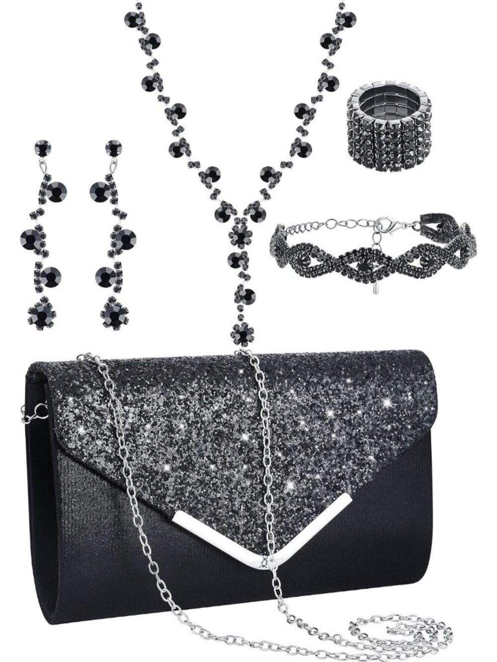 Glamorous 5-Piece Jewelry Set & Rhinestone Clutch Purse for Prom & Special